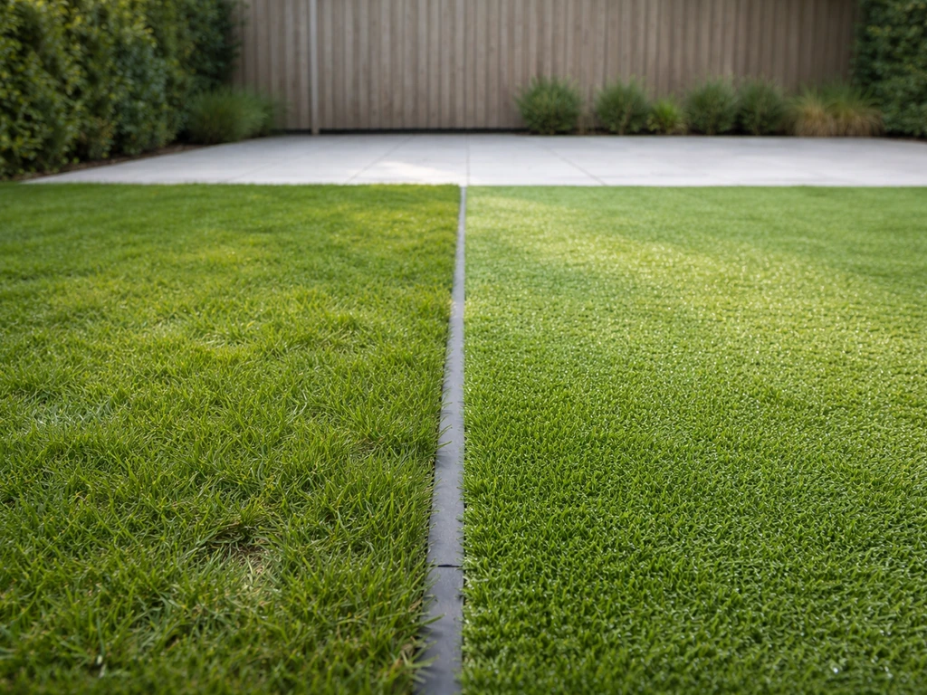 Overgang van echt gazon naar kunstgras (faux gras) in een rustige tuin, bij natuurlijk daglicht.