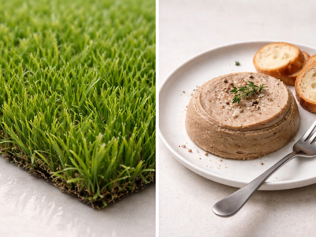 Kunstgrasvezels en een bord met plantaardige paté naast elkaar, close-up om ‘faux gras’ te tonen.