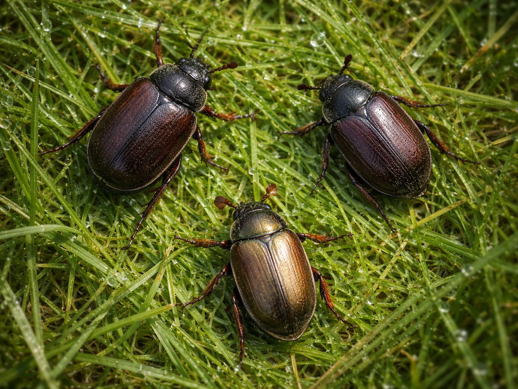 Bovenaanzicht van drie verschillende vliegende kevers op/naast gras, met zichtbare verschillen in grootte en patroon