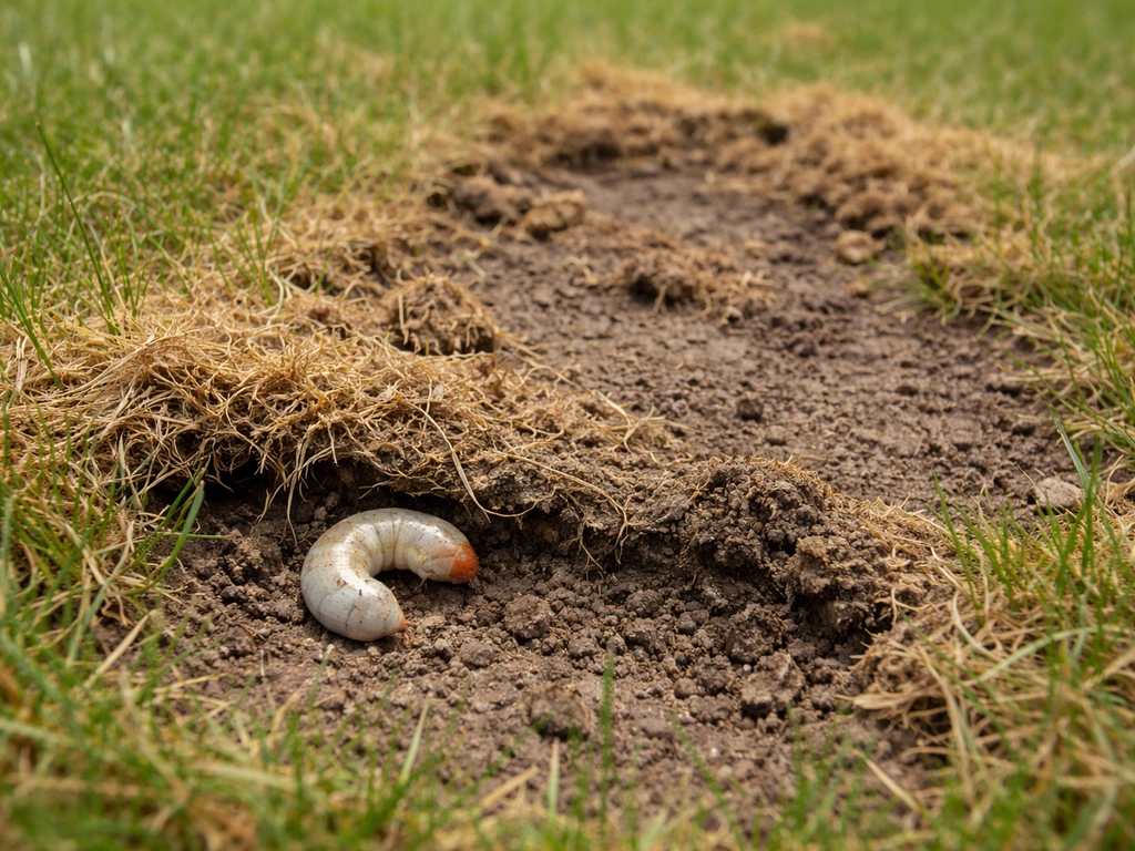 Geelbruine gazonplekken met loslatend gras en een zichtbare engerling in de bodemrand