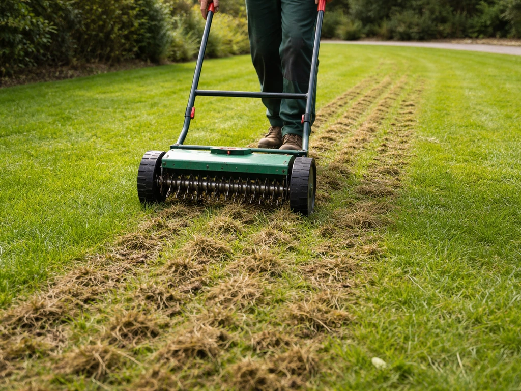 Tuinman bij een gazon die met beluchter de grond losmaakt, vilt en aarde zichtbaar onder de tanden.