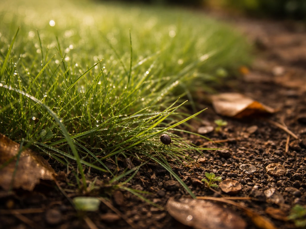 Close-up van vochtig gras met bladstrooisel in een tuinrand, met een klein teekje tussen de grassprietjes.