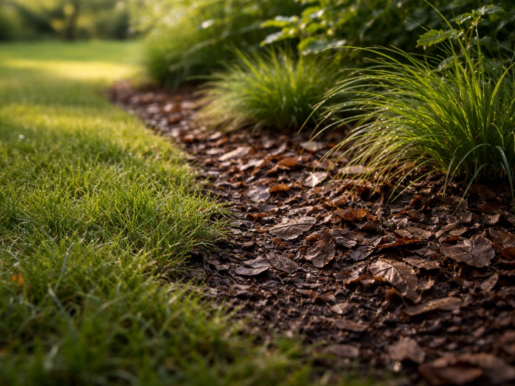 Close-up van een grasrand met lage beplanting en vochtig bladstrooisel in een tuin, zonder mensen.