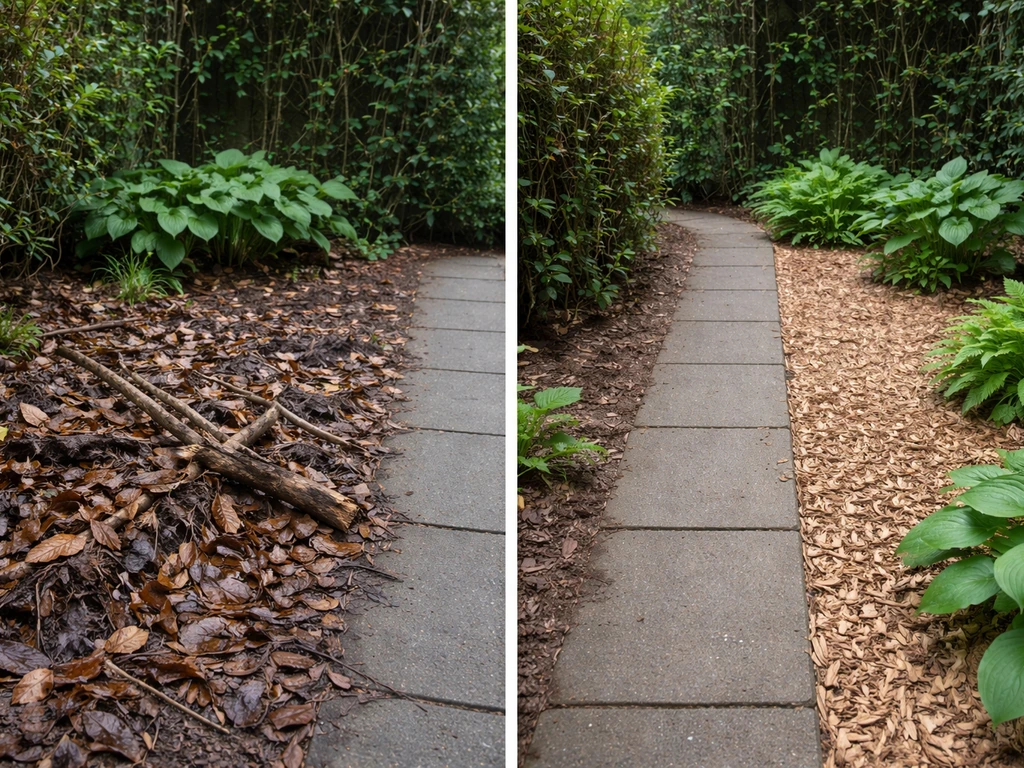 Links natte bladresten en dood hout, rechts een schone, egale border zonder rommel.