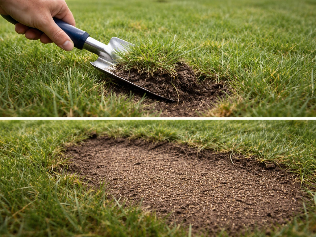Hand-/grondschop die graspluizen uit een open plek schept, met meteen daarna opnieuw ingezaaid gras.