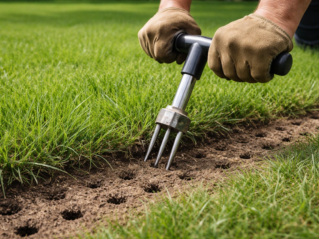 Hand met beluchtingspriem maakt gaatjes in een verdicht gazon, met groene graspol en viltlaag op achtergrond.