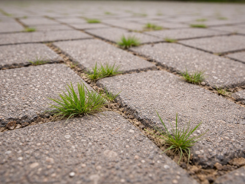 Close-up van klinkers met gras dat in de open voegen groeit en aarde zichtbaar maakt