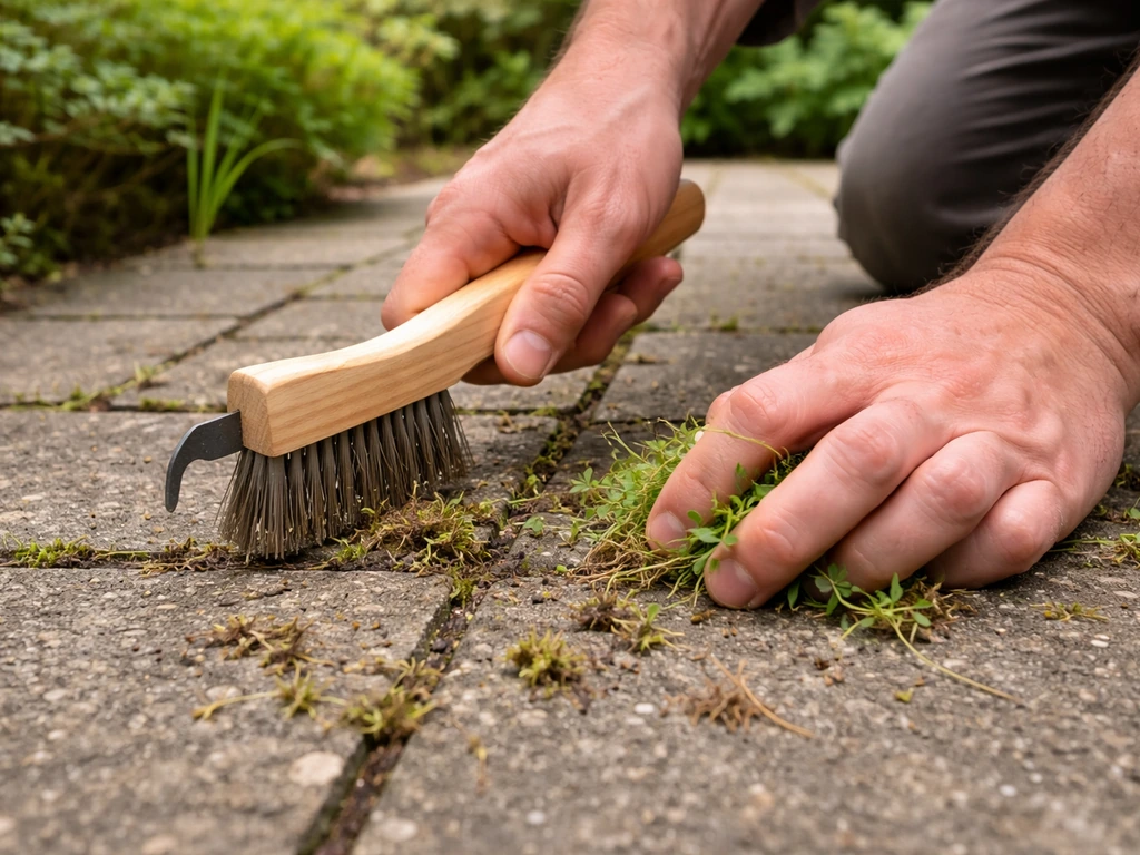 Handen schrapen onkruid en wortels uit een tegelvoeg met een voegenborstel in de tuin.