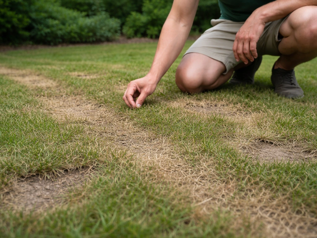Iemand hurkt op het gazon en bekijkt bruine, dunne en kale plekken in een minimalistisch grasveld