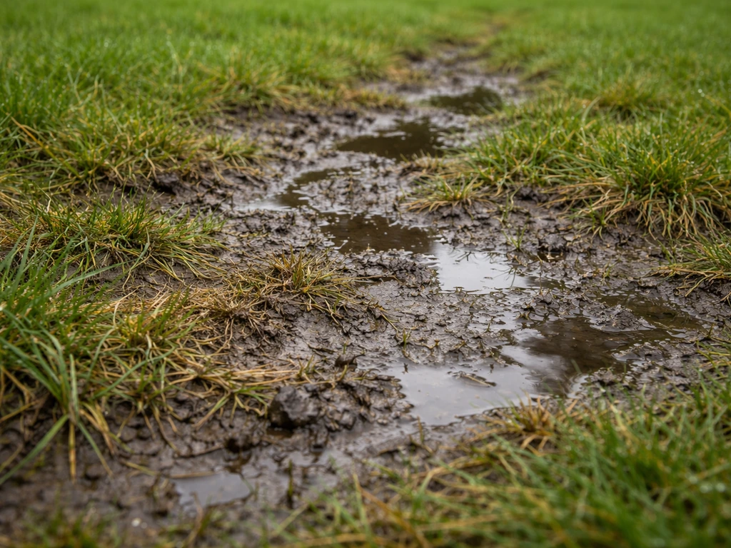 Natte plek in het gazon na regen met plassen en geelbruin gras dat afsterft.