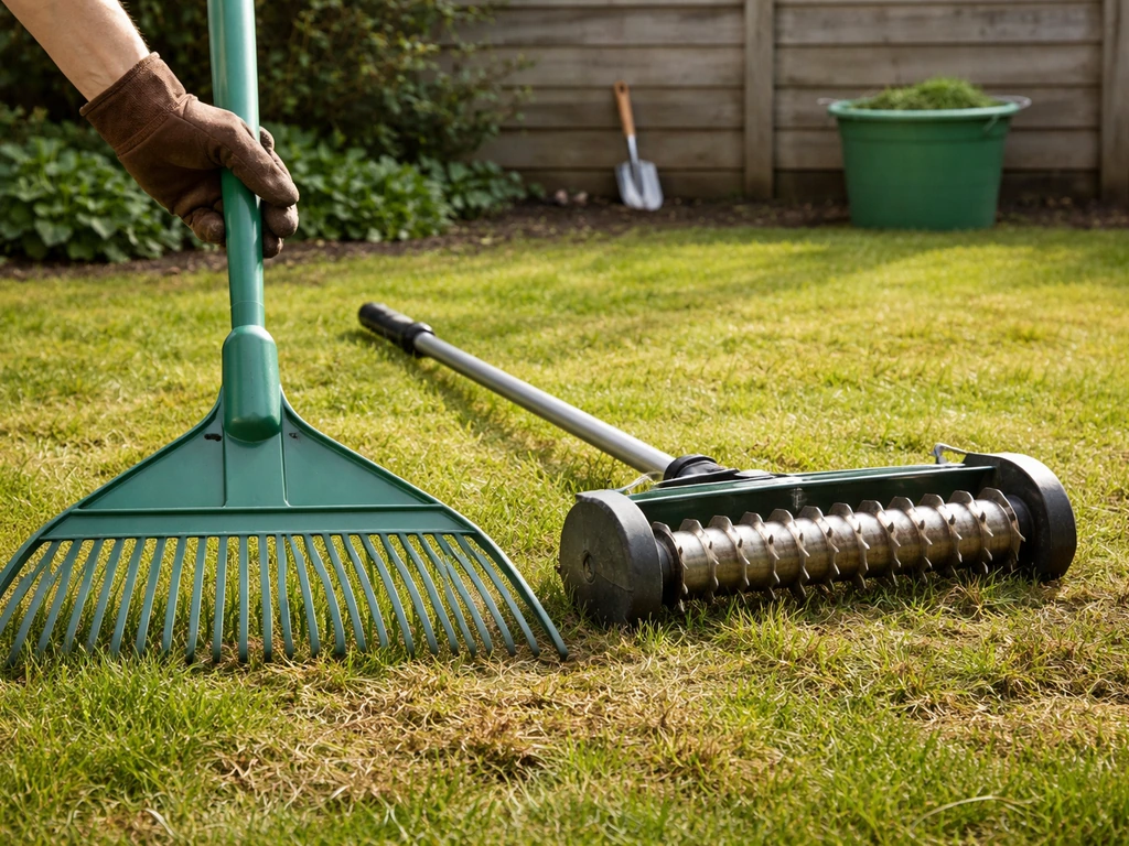 Hark en verticuteermes op de grond naast een gazon, met duidelijke seizoenssporen in de achtergrond.