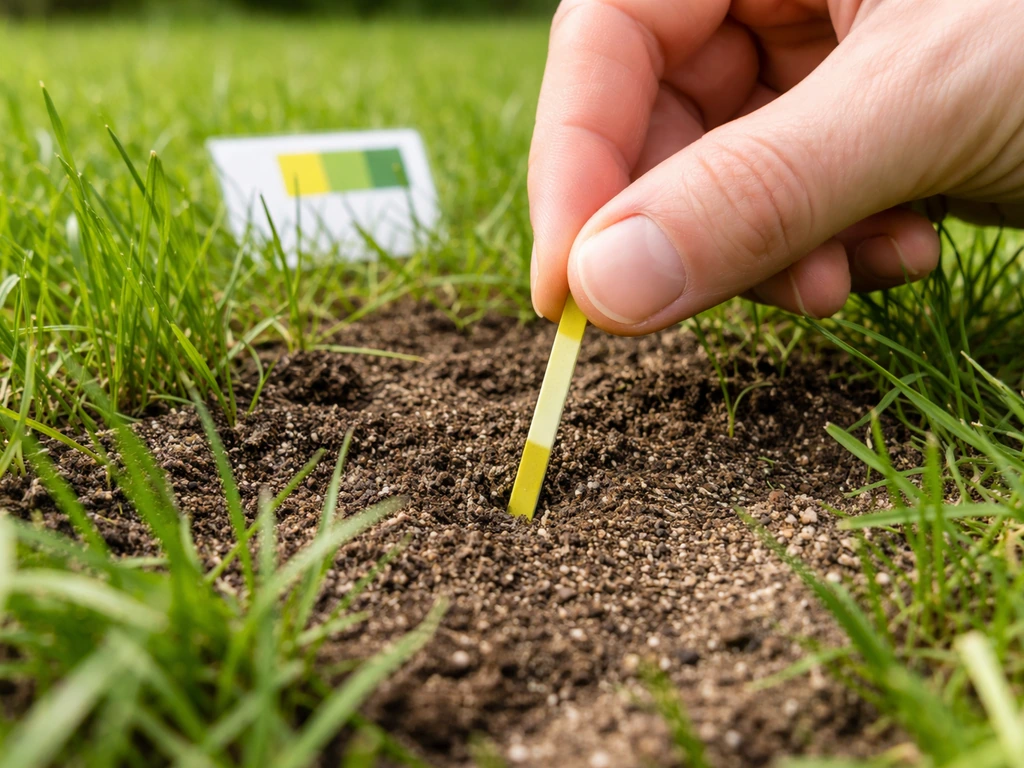 Close-up in het gras: pH-testkit en hand die een pH-test uitvoert in de bodem.