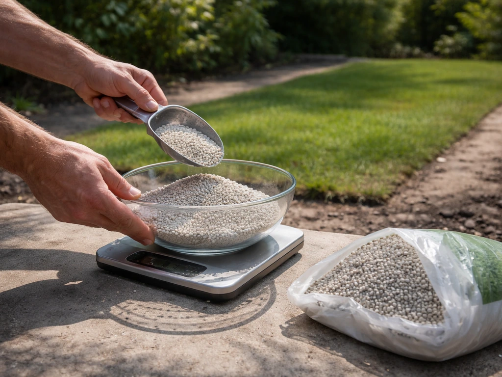 Handen wegen korrelige kalk af op een weegschaal boven een afgebakend vakje gras/zand.
