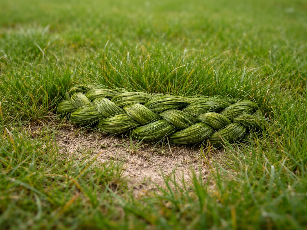 Close-up van een gazonplek waar een dichte vlecht van heilig gras tussen normaal gras zichtbaar is.