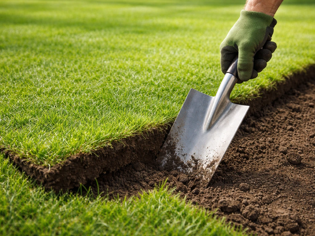 Hand en spade die de rand van een gras-“haard” afsteekt en zode voorzichtig losneemt in een gazon.