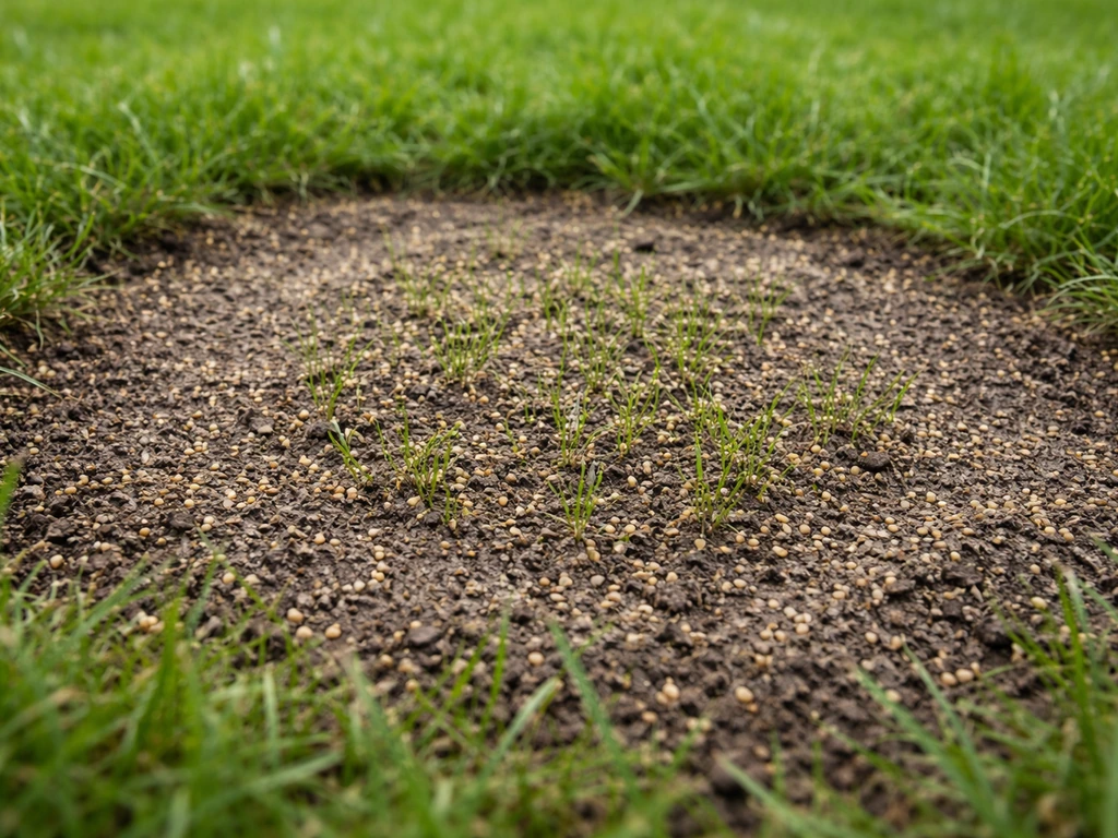 Hergezaaide kale plek in het gazon met licht aangedrukte zode en vers opkomend gras, met zichtbare bodemvochtigheid.