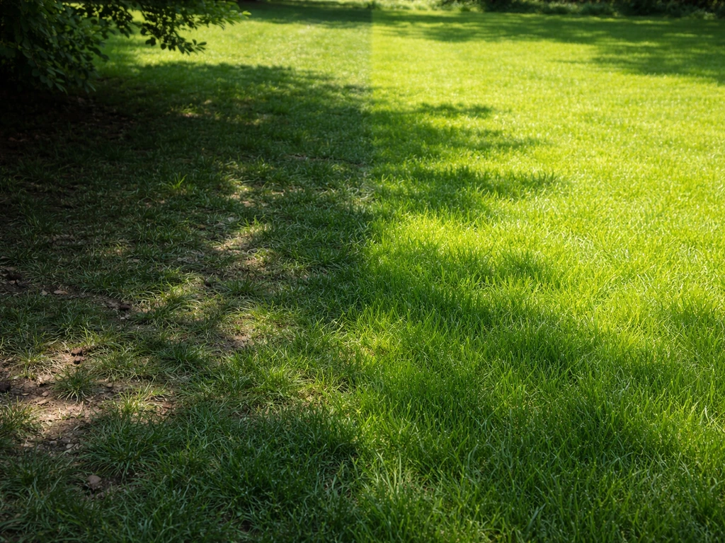 Onoverzichtelijke gazonovergang: gras in schaduw is dun en donker, in zon voller en lichter groen.