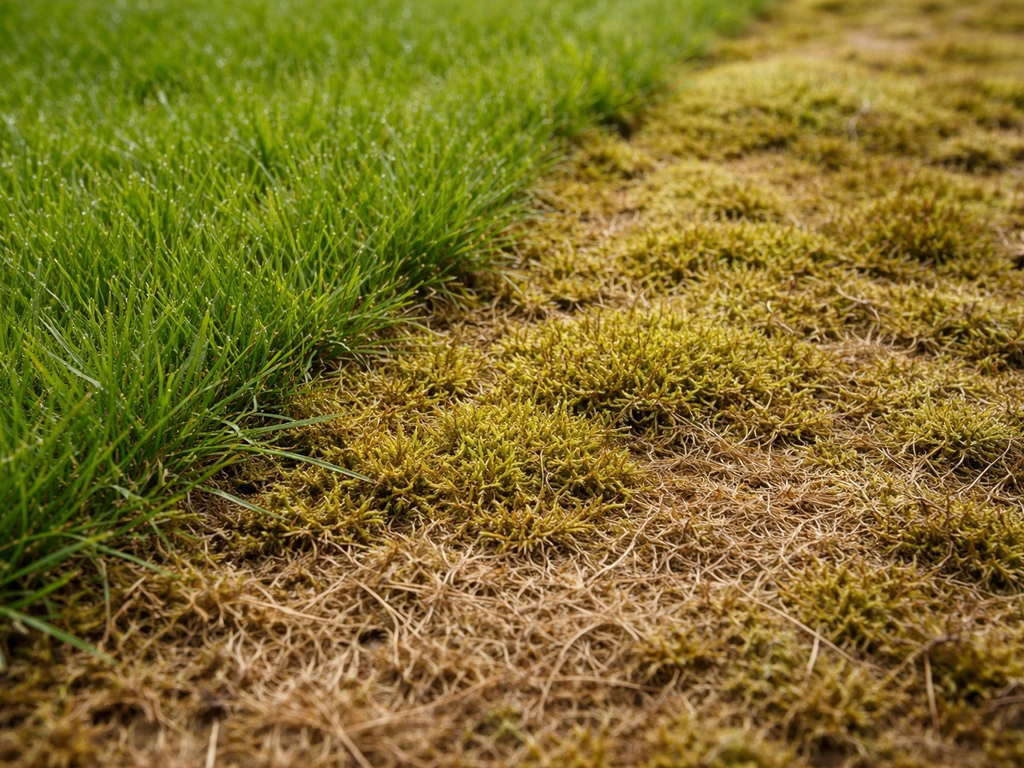 Close-up van mos en viltlaag in een gazon, met zichtbare grens tussen grasrand en moszone.