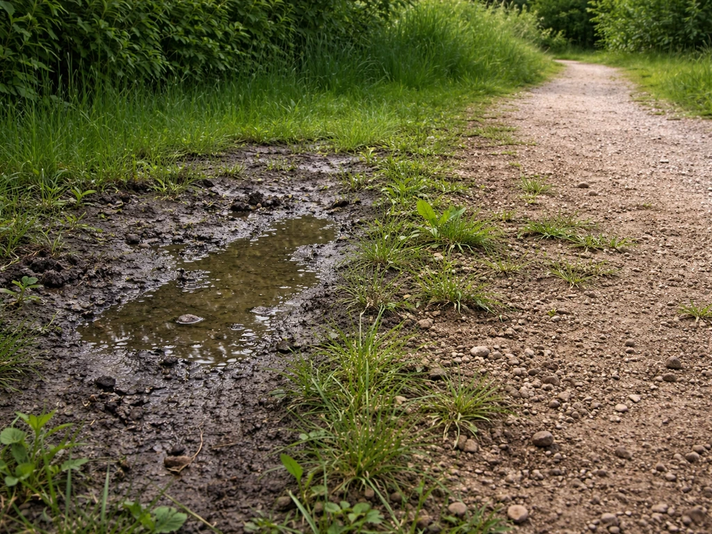 Tuin waar water blijft staan op verdichte grond, tegenover een drogere strook die beter afwatert.
