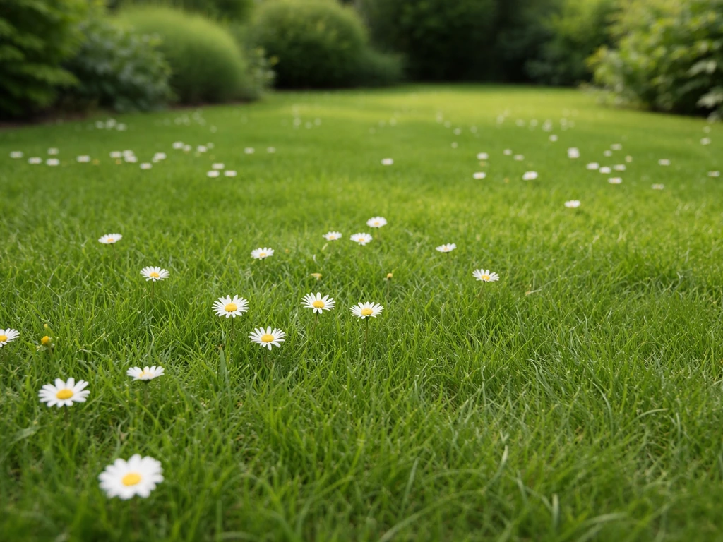 Groen gazon met verspreide madeliefjes tussen het gras, gefotografeerd in natuurlijk daglicht.