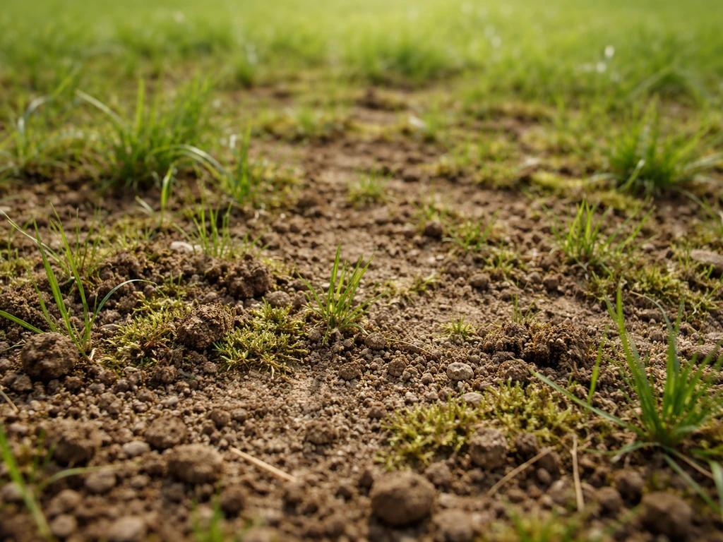 Close-up van een gazonplek met zichtbare bodem, jonge grassprieten en mos, met subtiele vochtige plekken.