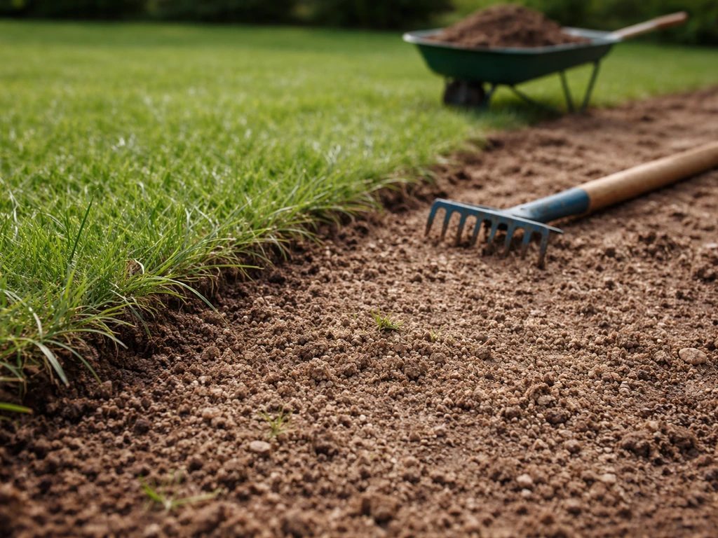 Gazonplek met licht ingegraven, lichtere toplaag naast bestaande grasmat, met kleine hark in de tuin.