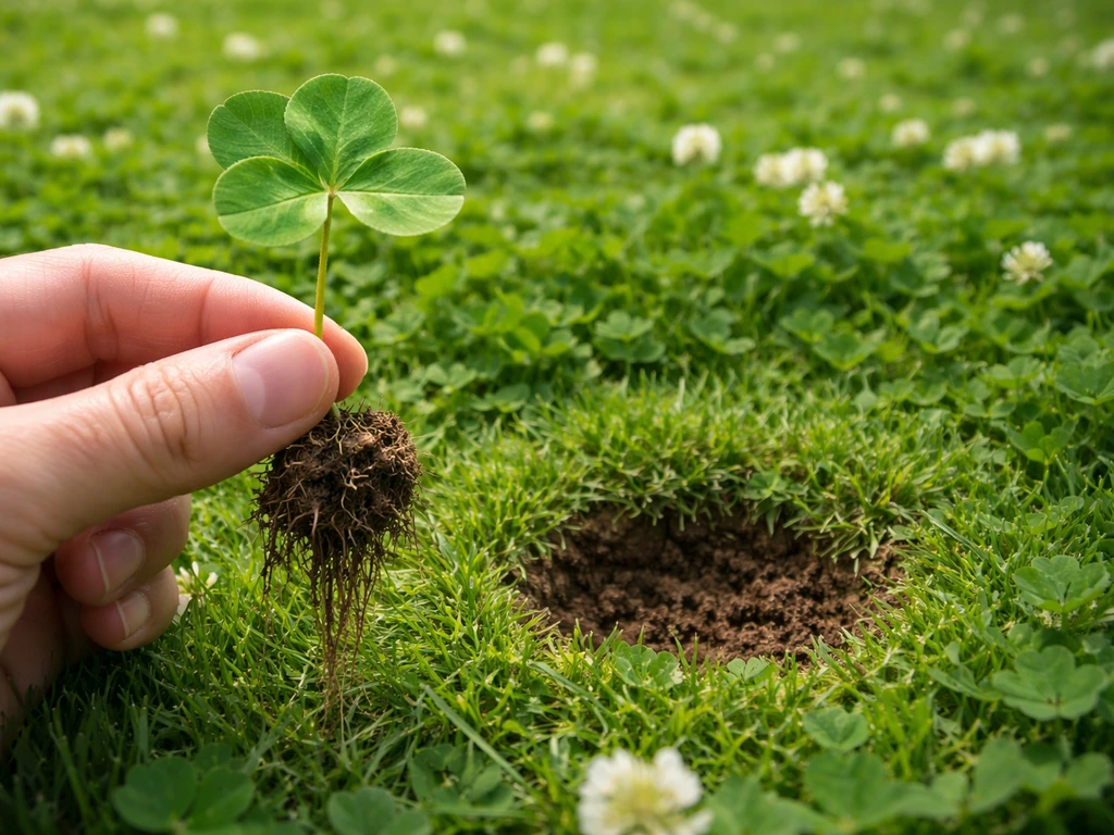 Klavertje vier met volledige wortelkluit uit het gras gelicht, plantgat opgevuld in een groene klaverplek