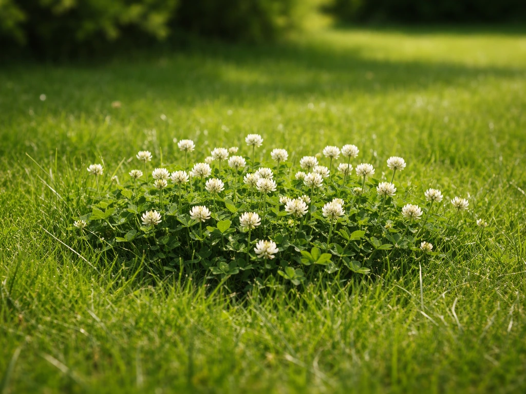 Witte klaver tussen het gras op een zonnige plek, met zachte schaduw op de achtergrond.