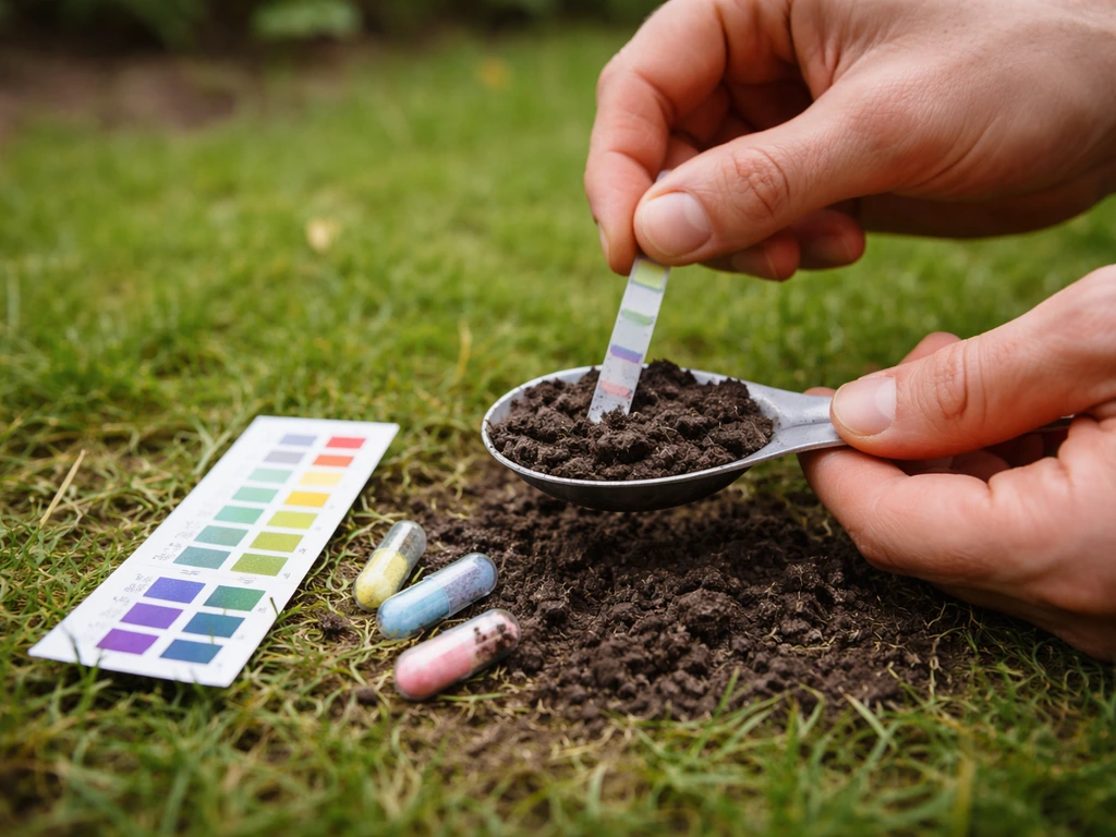 Close-up van handen met een pH-testkit op gazongrond, met teststrip en donkere aarde.