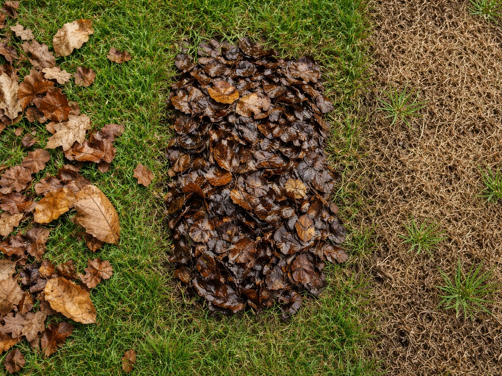 Close-up van gras met losse bladeren, aangekoekte natte bladeren en viltlaag (thatch) bovenaanzicht.