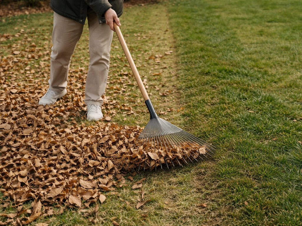 Tuinhark die droge bladeren voorzichtig optilt van een gazon, met schone grasbaan ernaast