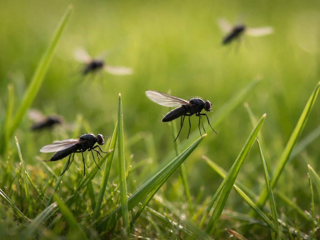 Close-up van kleine vliegjes op gras; silhouetten en beweging om soorten te onderscheiden.