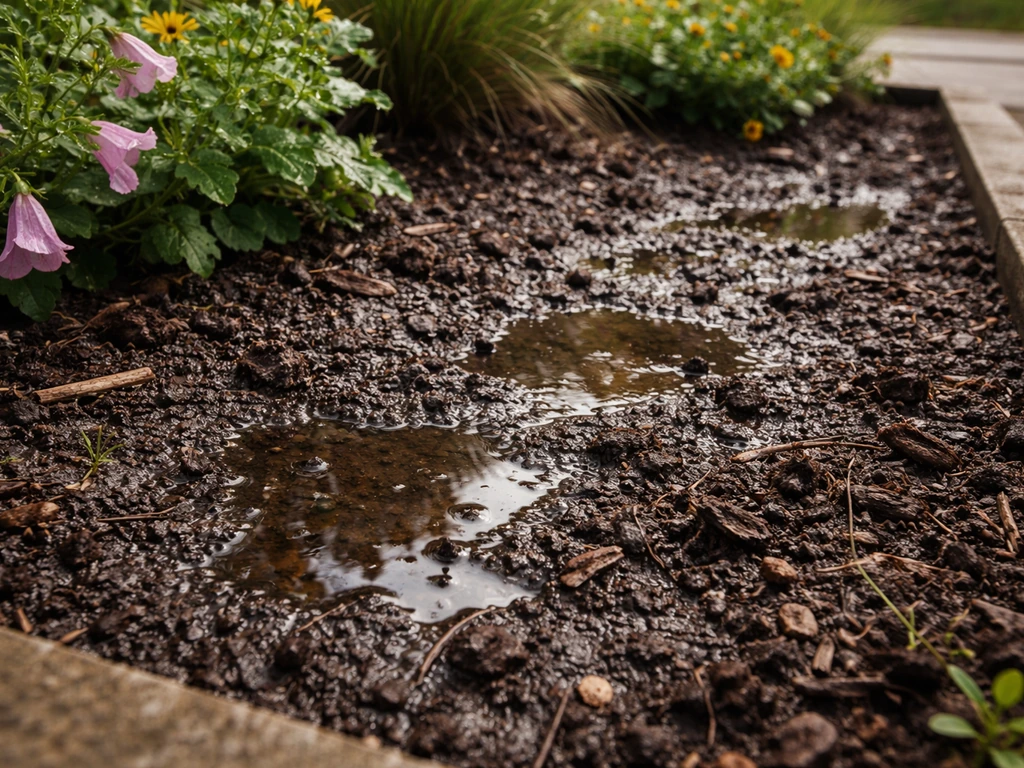 Stilstaand water na regen in een tuinbak met donkere, vochtige grond en wat organisch resten