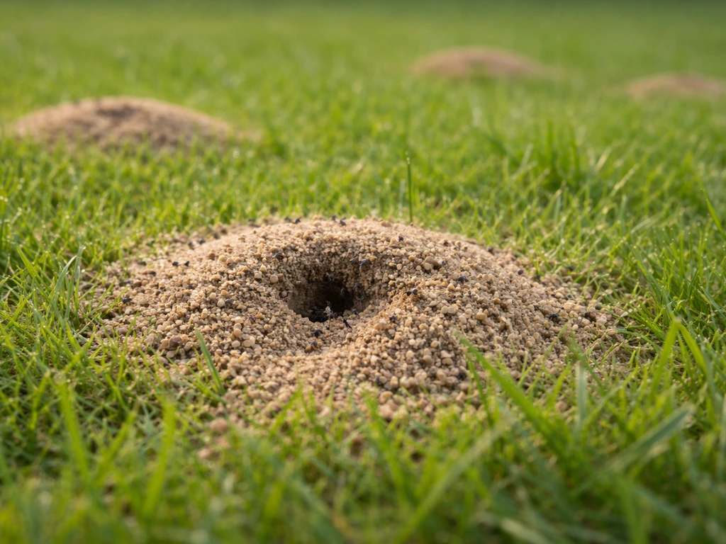 Close-up van kleine zandhoopjes in een gazon met nestopening waar vliegende mieren uitkomen.