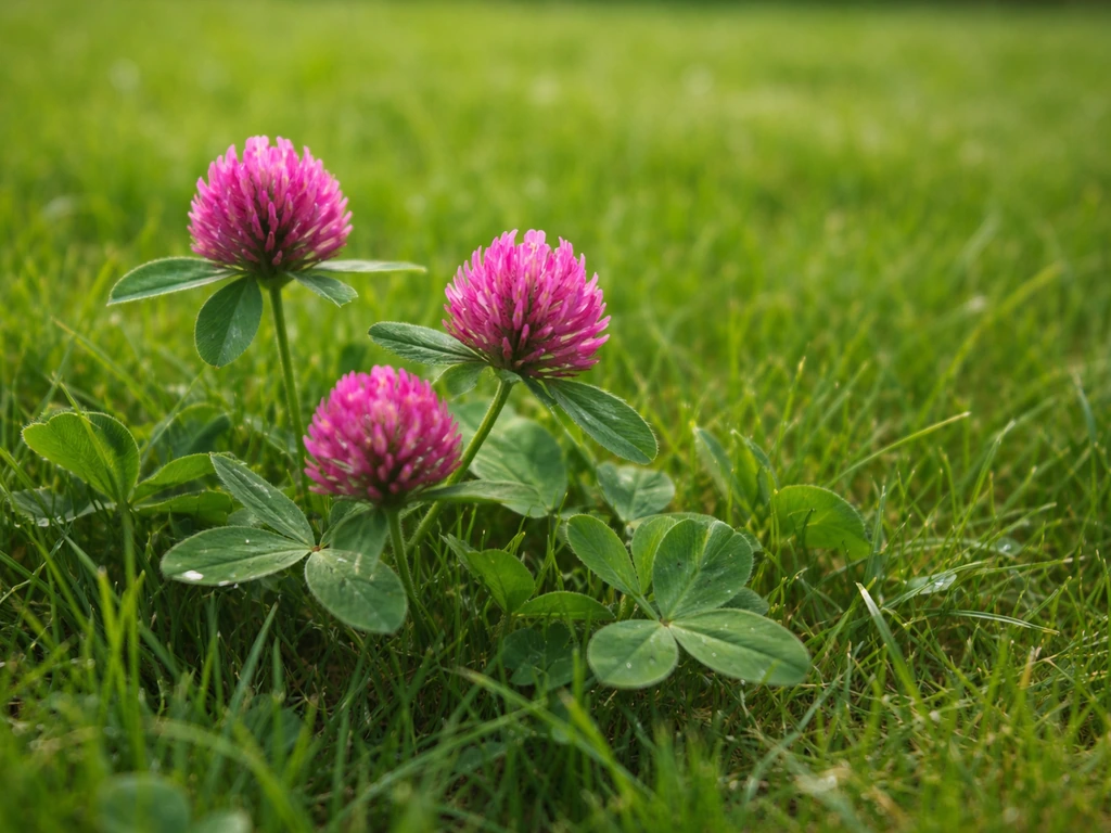 Rode klaver tussen het gras in een Nederlands gazon, close-up met zachte achtergrond in natuurlijk daglicht.