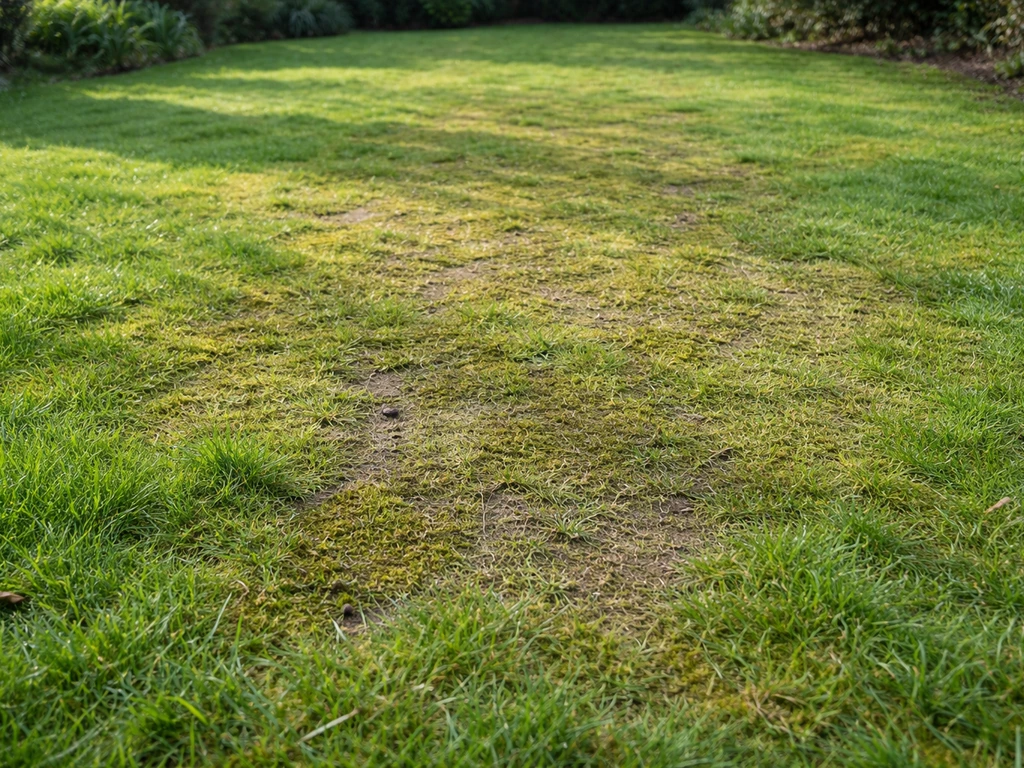 Close-up van een grasmat: frisgroene sprieten met mos, verdichting en subtiele uitvalplekken door intensief lopen.
