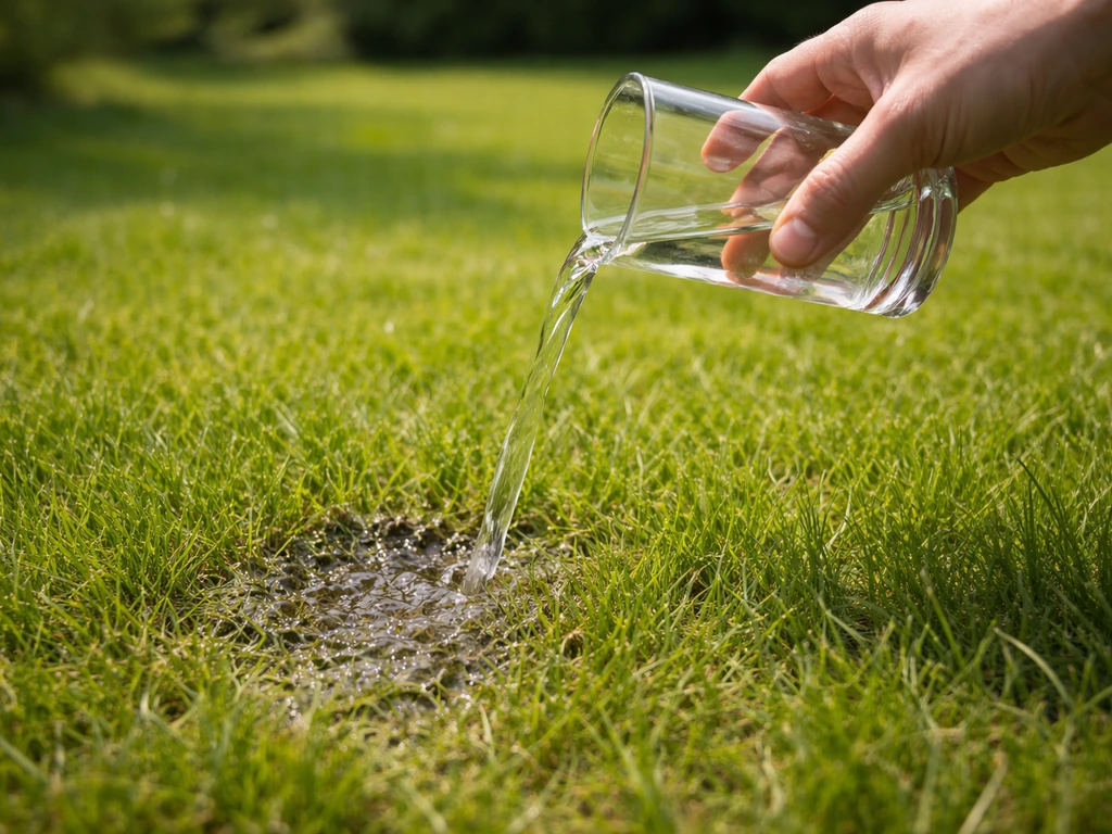 Een glas water wordt langzaam op een gazon gegoten, water zakt weg in de grasmat