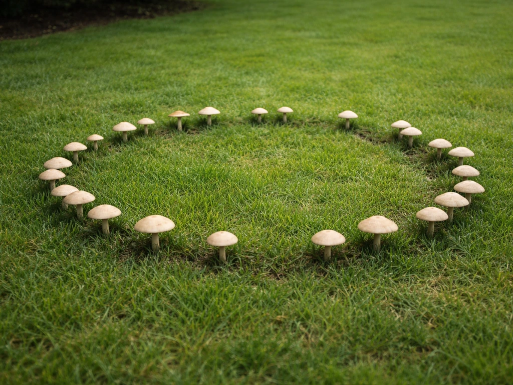 Ring van paddenstoelen in een gazon met donkerder gras eromheen, natuurlijke tuinsetting