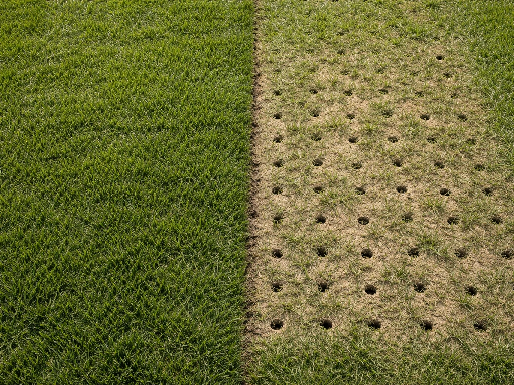 Linker kant dichte, verdichte grasmat; rechter kant beluchte grasmat met opengeprikte grond zichtbaar.