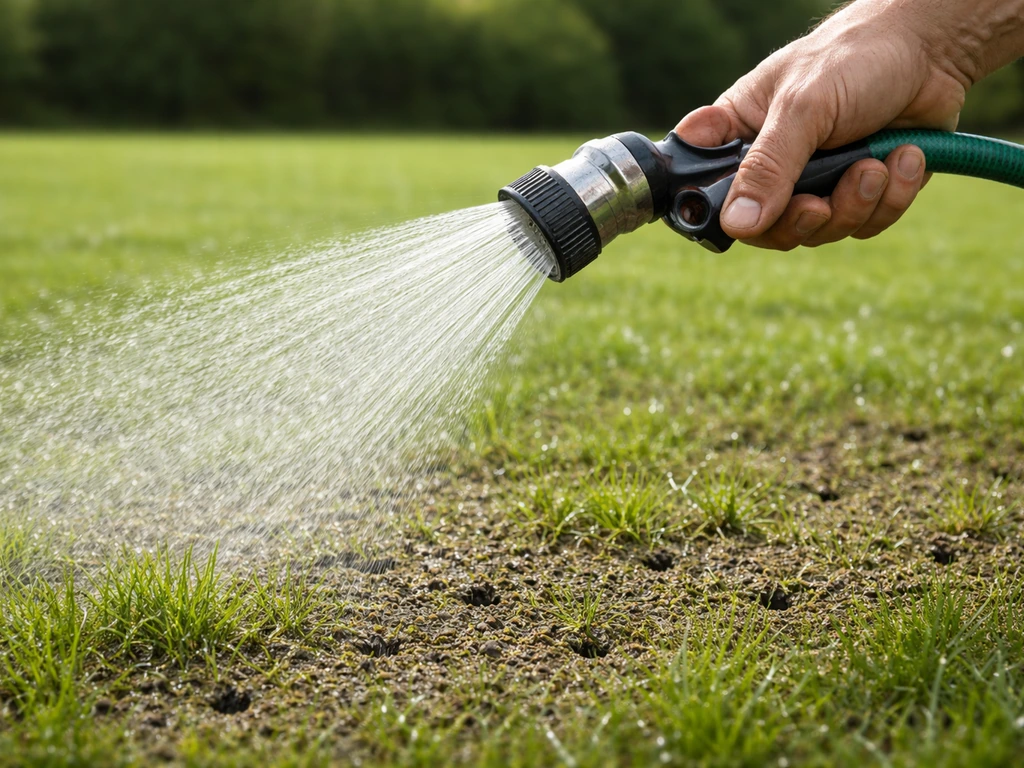 Tuinslang met sproeikop geeft gelijkmatig water over een net belucht gazonbed zonder beschadiging.