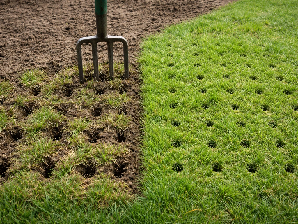 Contrast tussen te diep geprikte stroken en correct beluchte grond zonder tekst of labels.