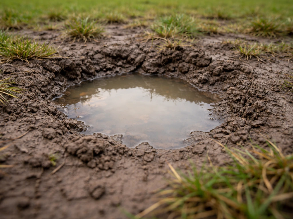 Close-up van een verdichte kleikuil in een gazon met een klein plasje regenwater eromheen.