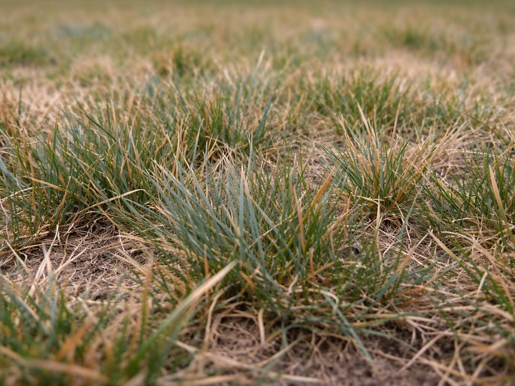 Close-up van droogtestressgras met blauwachtig-grijs-groene verkleuring en verdorde puntjes.