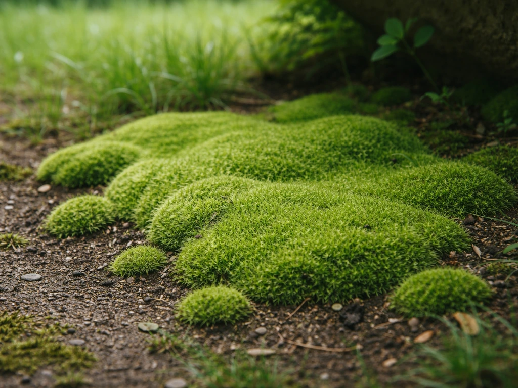 Groen mos in het gazon, als fluweelachtige vlek met kleine polletjes op een schaduwrijk stukje.