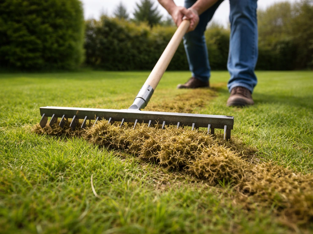 Verticuteerhark op een gazon die mos en viltlaag losmaakt, met losgekomen resten zichtbaar tussen het gras.