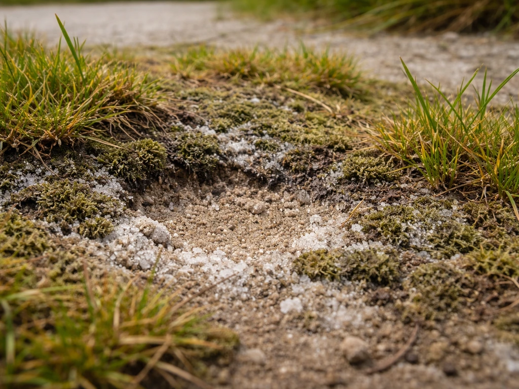 Close-up van zoutwaterplekken op gras en verschrompeld mos met zichtbare zouteffecten in de bodemstructuur