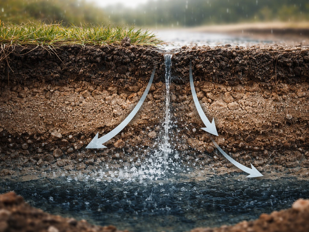 Bodemdoorsnede met regenwater dat zoutdeeltjes via grond transporteert richting grondwater en oppervlaktewater.