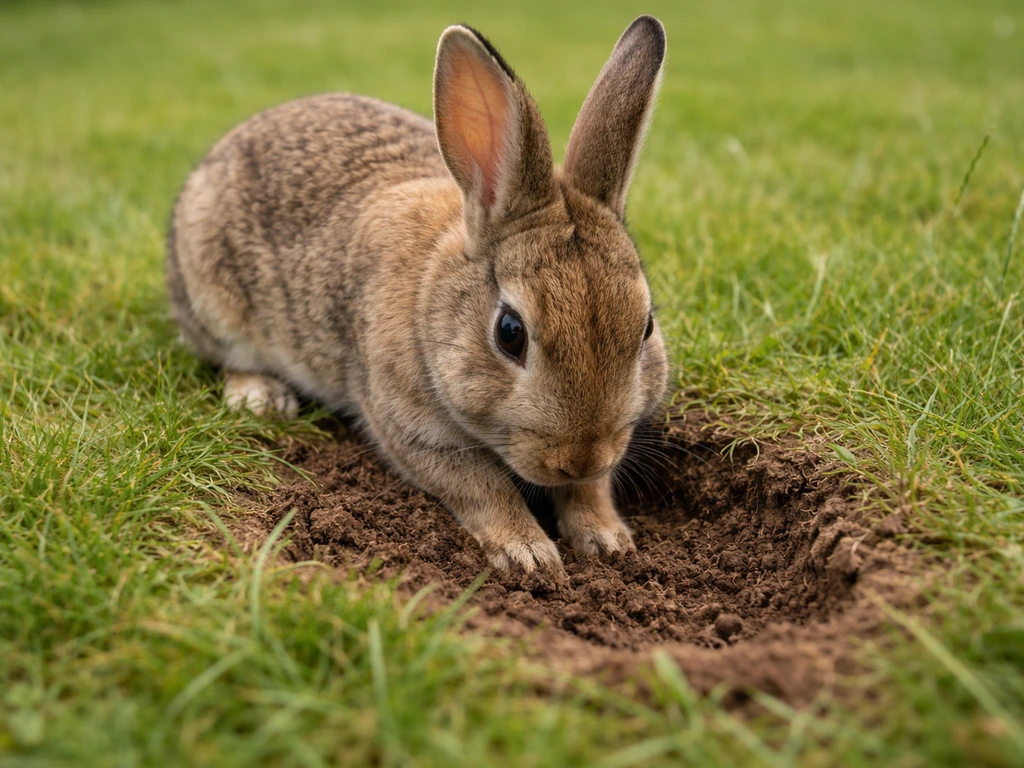 Konijn graaft een ondiep kuiltje in het gazon, met zichtbare kuilrand en omliggend gras.