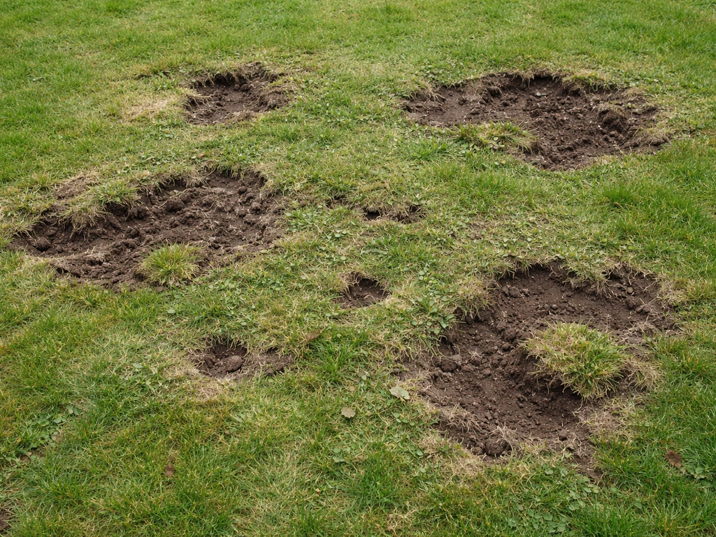 Bovenaanzicht van een gazon met kale plekken en omgewoelde grond door konijnen, zichtbaar beschadigd gras.