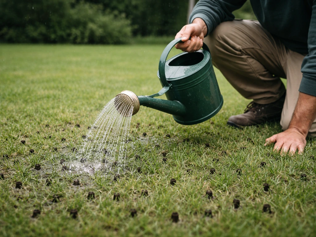 Anonieme tuinier die een pas belucht gazon voorzichtig water geeft met een gieter; open kanaaltjes zichtbaar.